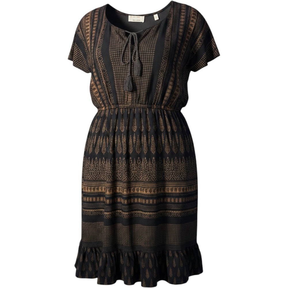 Lapogee Womens Midi Dress 2X Black Bronze Tribal Print Tassel Boho Peasant